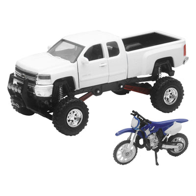 New Ray Die-Cast White Chevy Silverado 4x4 with Yamaha Dirt Bike 1:43 Scale#mpn_SS-54416
