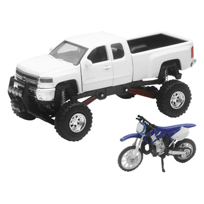 New Ray Die-Cast White Chevy Silverado 4x4 with Yamaha Dirt Bike 1:43 Scale #SS-54416