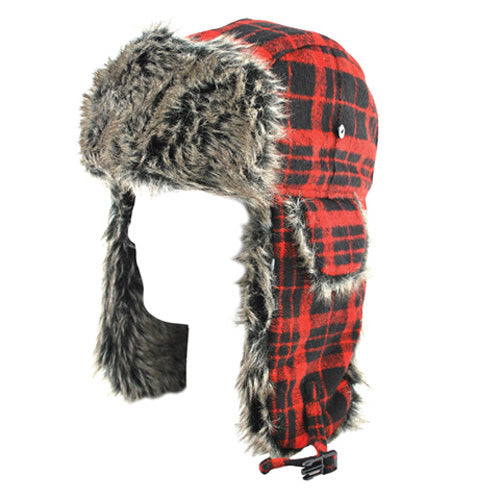 TROOPER HAT W/ GREY FUR, BUFFALO PLAID#mpn_WTH068